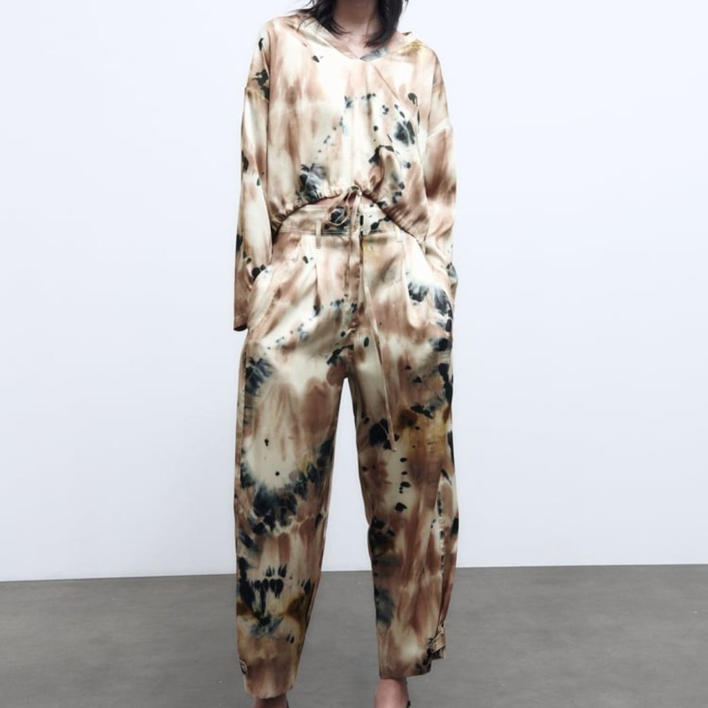 Zara Brown Tie-Dye Satin Jumpsuit